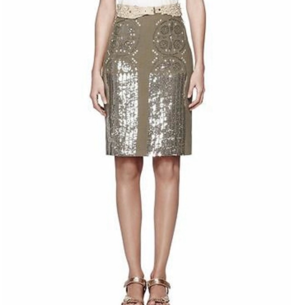 Tory Burch Tan Silver Sequin Pencil Skirt Size 10 - Picture 6 of 13